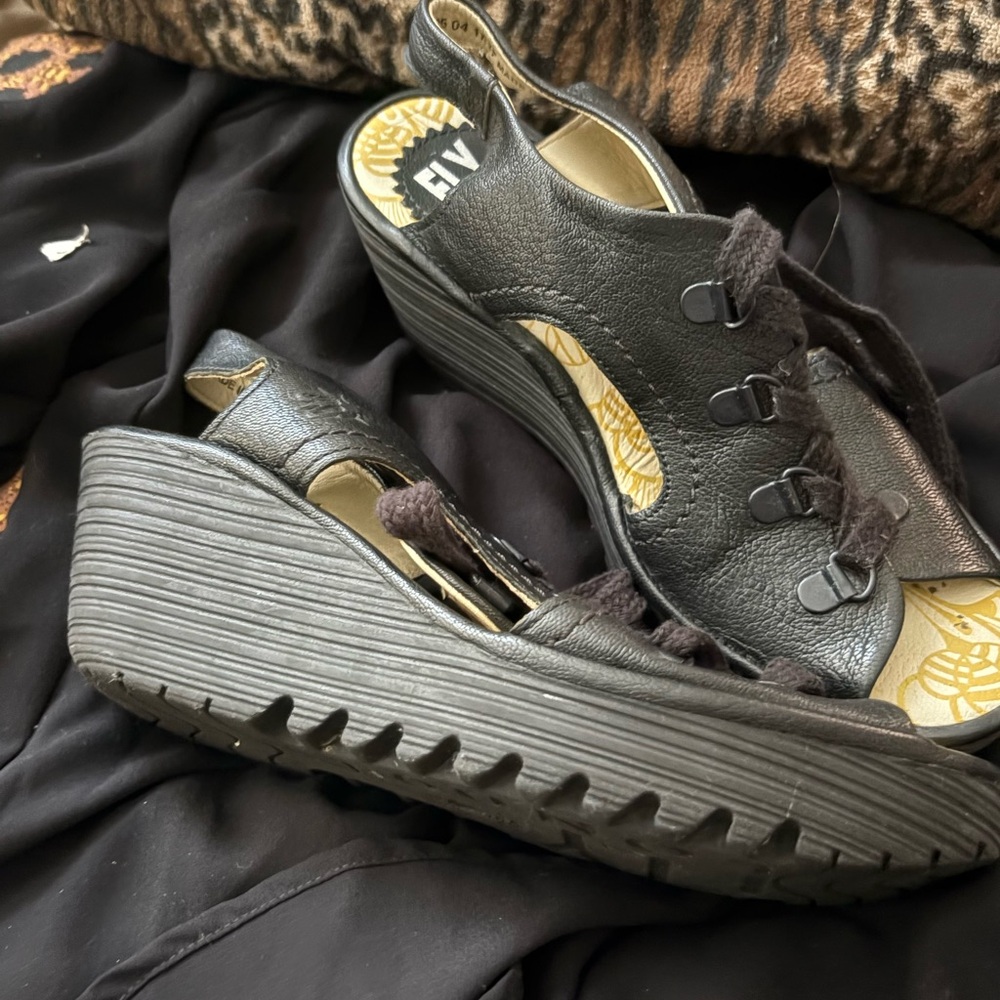 Fly London Black Leather Wedges